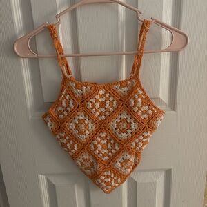 Forever 21 Orange and Cream Crochet Handkerchief Crop Top